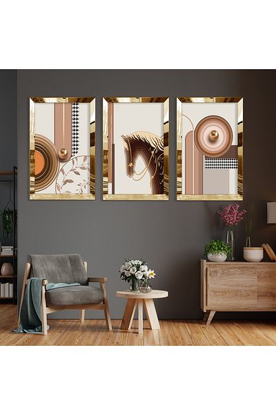 Zevahir Mobilya Dekorasyon Set de pictură din MDF cu model abstract de cal din plexiglas auriu