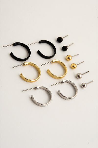 EUROMODA Gümüş Altın Siyah Renkleri Halka Ve Top Küpe Seti