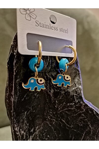 ALMOND DESIGN Fil Figürlü, Nazar Boncuklu, Mavi Mineli, Altın Rengi, Halka Mo...