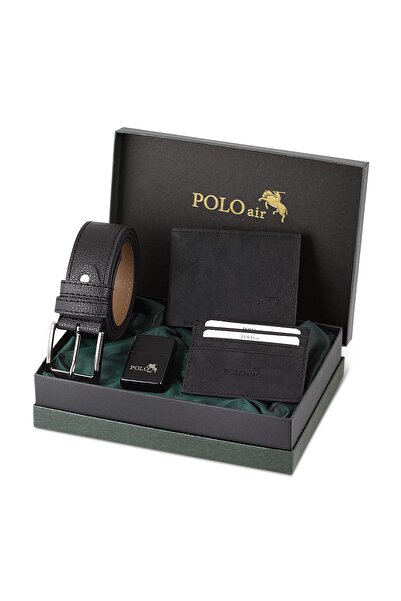 Polo Air Kemer Cüzdan Kartlık Benzinli Çakmak Hediyelik Kutusunda Siyah Set
