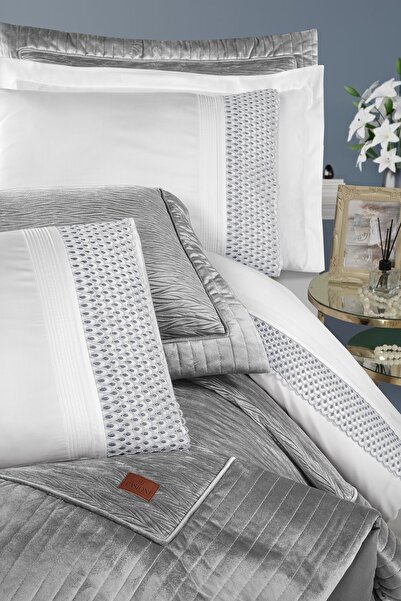 PASIONI - Velvet - Reale - Velvet Gri Çift Kişilik Çeyiz Seti
