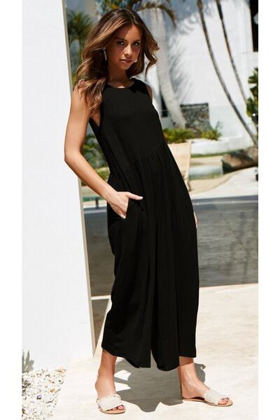 Mothermood Keten Yazlık Günlük Sırt Dekolteli Salaş Kadın Tulum