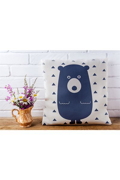 NT Handmade 42x42cm Cotton Woven Throw Pillow Pillow Case with Blue Teddy Bear Printed on Cream Background
