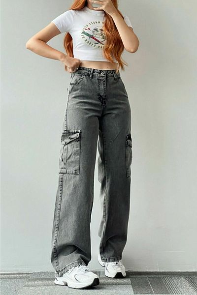DRC trend Melina Tess Blue Smoked Snow Women's Lycra Model Cargo Palazzo Trousers Without Back Pocket