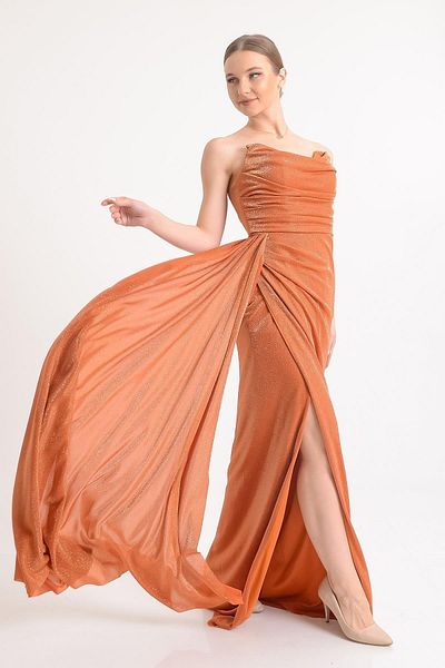 SpringStore Rochie de seară cu fante cu sclipici portocaliu fără bretele