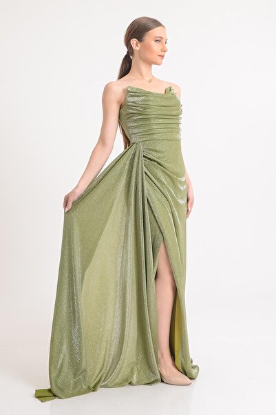 SpringStore Haki Straplez Simli Yırtmaçlı Abiye Elbise