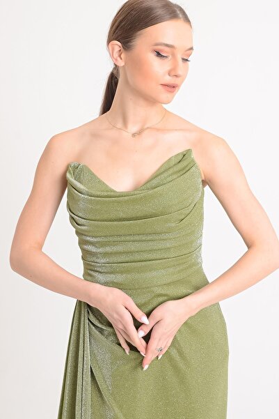 SpringStore Haki Straplez Simli Yırtmaçlı Abiye Elbise