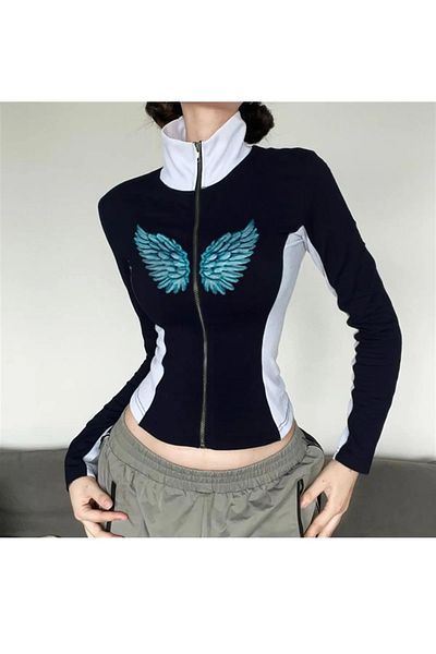 Gofeel Blue Wing Printed Zippered Black Crop Top