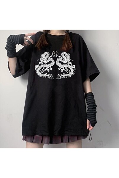 MECH BUTİK Μπλουζάκι Dragon με τύπωμα Μαύρο oversized Unisex T-shirt