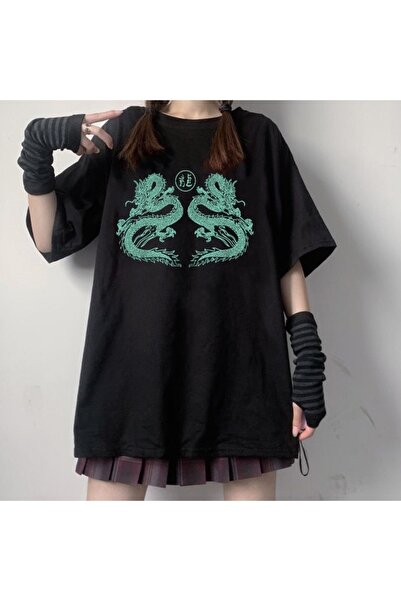 MECH BUTİK Μπλουζάκι Dragon με τύπωμα Μαύρο oversized Unisex T-shirt