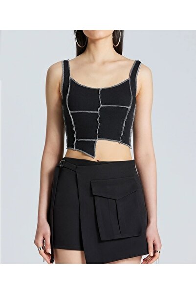 AQE FASHION Αμάνικη μαύρη μπλούζα με ριμπ λαιμόκοψη Crop Bustier