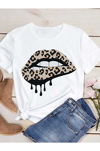 mercoledi Tricou oversize imprimat cu buze leopard Casual Boyfirend