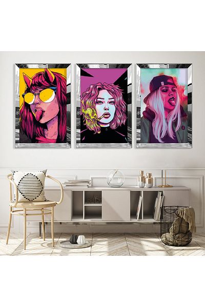 Zevahir Mobilya Dekorasyon Set de pictură din MDF triplu argintiu pentru fete tinere cu cadru din plexiglas cu oglindă argintie