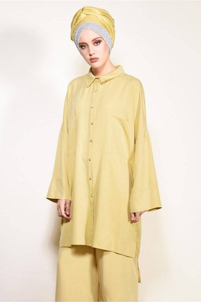 TRENDTESETTÜR Women's Yellow Pants Set - Button and Pocket Detail, Set of 2 4003