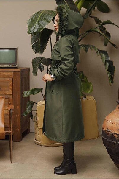 TRENDTESETTÜR Women's Khaki Cuffs Elastic Hooded Coat 7029