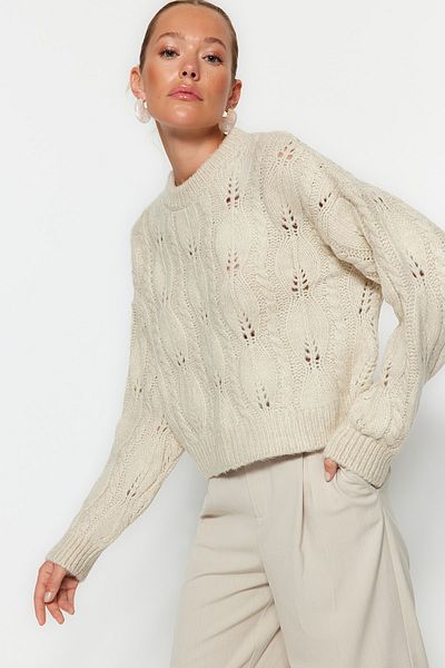 Trendyol Collection Pulover Wide Fit Tricotat Ajurat - Stone TWOAW24KZ00087