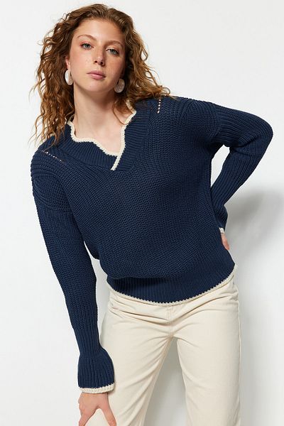 Trendyol Collection Pulover Petrol Wide Fit Color Block Tricotaj TWOAW23KZ00419