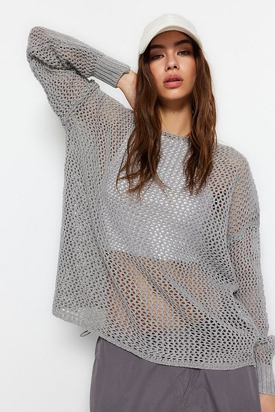 Trendyol Collection Gray Super Wide Fit Cotton Openwork/Hole Knitwear Sweater TWOAW20FV0184