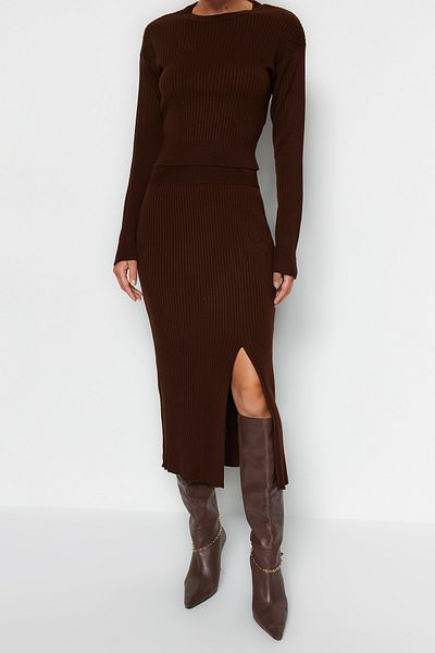 Trendyol Collection Barna Crop kötöttáru szett - alsó és felső készlet TWOAW23AU00240