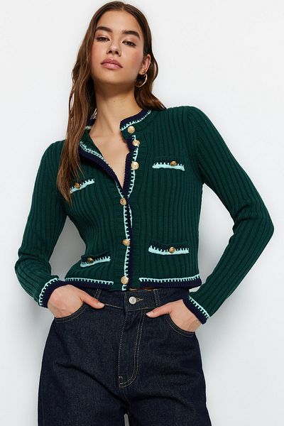 Trendyol Collection Emerald Green Color Blocked Crop Knitwear Cardigan - TWOAW23HI00550
