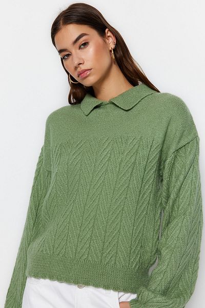 Trendyol Collection Mintfarbener, weiter Strickpullover mit weicher Struktur und geflochtenem Haar TWOAW22KZ1620