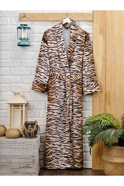 PHILIPPUS Şalyaka Kadife Bornoz Kaplan Desenli %100 Pamuklu