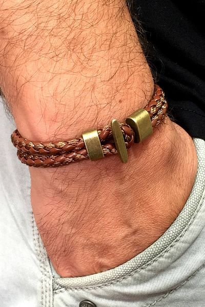 Solfera Men's Tan Knit Design Leather Bracelet Bt079