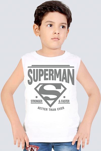 ROCKANDROLL Superman White Cut Brat | Tricou fără mâneci Fete Băieți Unisex Copii | Atletul 1M1SB118FB