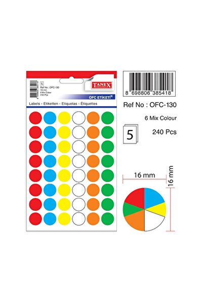 Tanex OFC-130 Çıkartma Etiket 16 mm Çaplı (Beyaz 480 Li - Renkliler 240 Lı Pa...