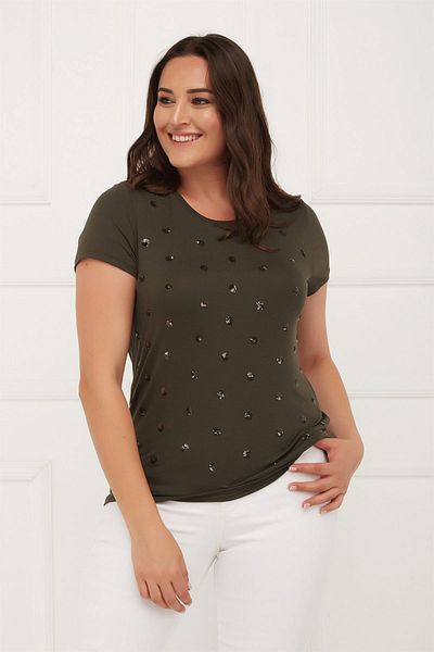 Seamoda Women's Front Sequin Embroidered Basic T-shirt PRA-256453-528020