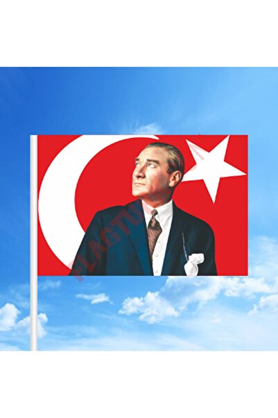 Özgüvenal Atatürklü Türk bayrağı 30x45 cm Raşel Kumaş - Sopalı- 10 adet