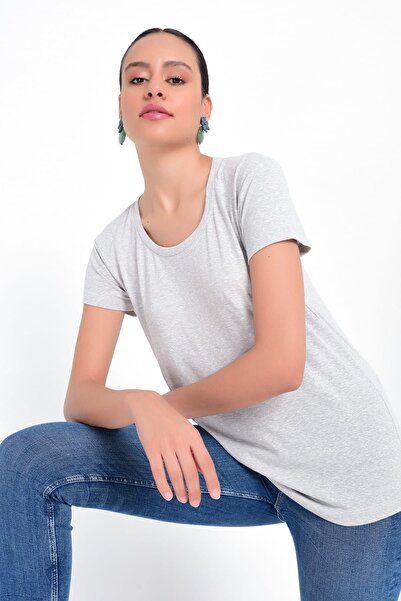 Hanna's by Hanna Darsa Kadın Gri Melanj Bisiklet Yakalı Kısa Kollu Basic T-sh...