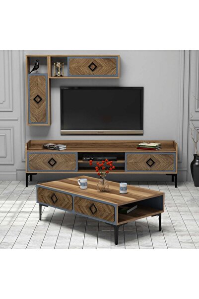 Variant Mobilya Samba Tv Ünitesi Ve Orta Sehpa Takımı - Ceviz / Mavi