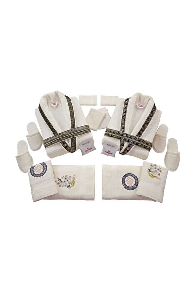 Nurpak Meltem Family Bathrobe Set 100% Cotton Cream-Navy Blue (16 Pieces) Code-512