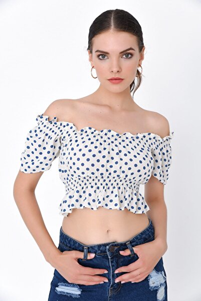 Hanna's by Hanna Darsa Kadın Mavi Düşük Omuzlu Kısa Kollu Lastik Detaylı Kısa...