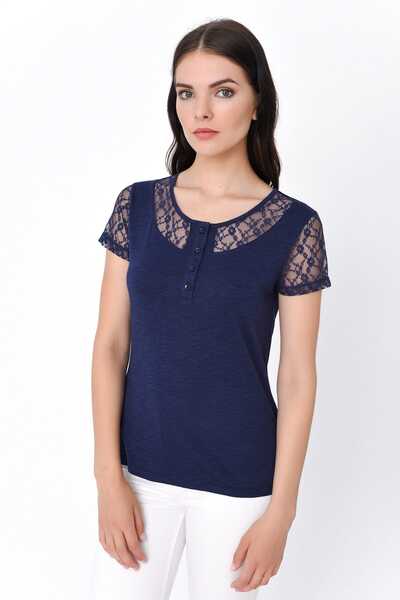Hanna's by Hanna Darsa Kadın Lacivert Kolu Ve Yakası Dantelli Önden Düğme Det...