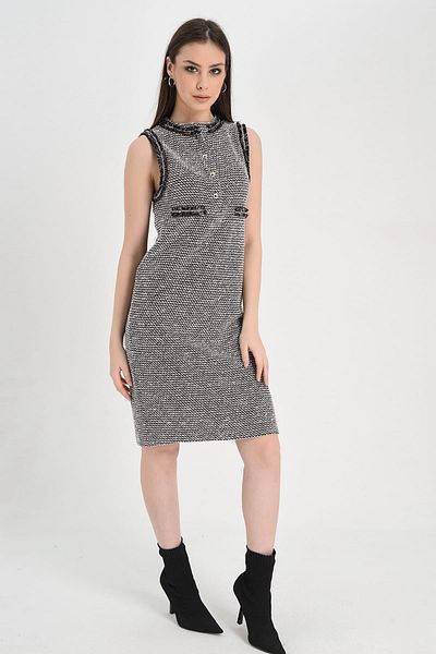 Hanna's by Hanna Darsa Women's Black-white Sleeveless Tassel and Chain Button Detailed Dress Hn1043