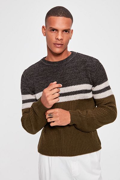 Trendyol Collection Πλεκτό πουλόβερ Χακί Color Blocked Crew Neck - TMNAW20MG0028