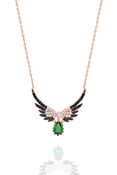 Nereze 925 Ayar Yeşil Taşlı Melek Kanadı Kolye Kadın Gümüş Kolye