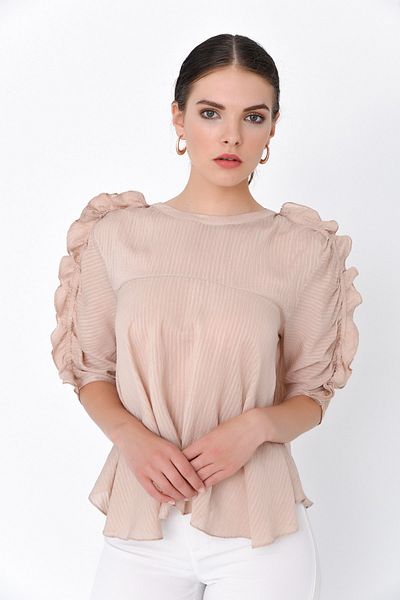 Hanna's by Hanna Darsa Women's Beige Frilly Sleeve Long Sleeve Woven Blouse Hn1871