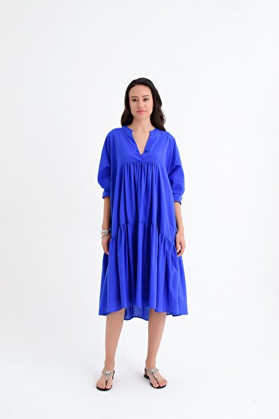 Hanna's by Hanna Darsa Kadın Saks Mavisi Oversize Truvakar Kollu Büzgü Detayl...