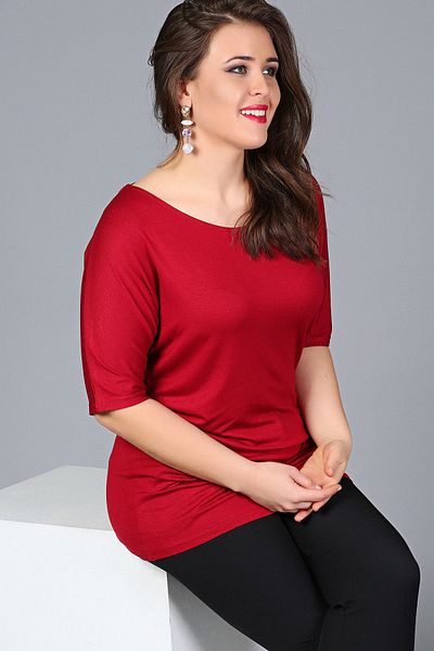 Moda Cazibe Γυναικεία μπορντό πλάτη Χαμηλή παγιέτα μπλούζα με μισό μανίκι M9313