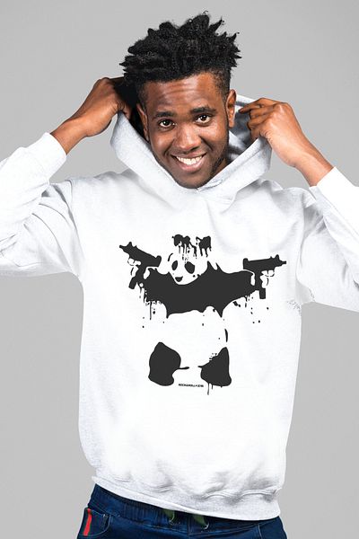 ROCKANDROLL Hanorac pentru bărbați cu glugă albă Panda cu pistol Uzi