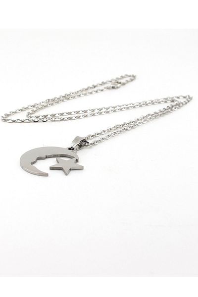 Solfera Men's Ataturk Silhouette Moon Star Flag Steel Necklace Q0003