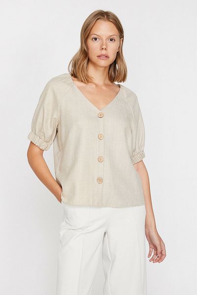 Koton Women's Ecru V-Neck Short Sleeve Shirt 0KAK68735PW