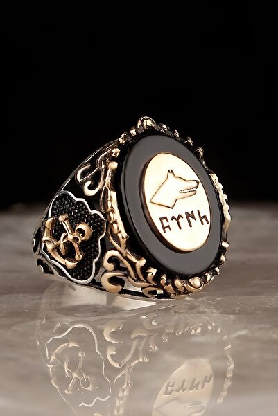 BayVog Çapa Motifli Göktürkçe Türk Yazılı Bozkurt Motifli Oniks Taşlı 925 Aya...