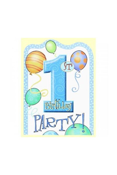 Parti dolabı Erkek Mavi 1 Yaş Doğum Günü Parti Davetiyesi, 8 Davetiye+8 Zarf