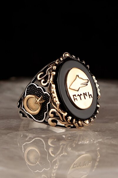 BayVog Ayyıldızlı Göktürkçe Türk Yazılı Oniks Taşlı 925 Ayar Erkek Gümüş Yüzük