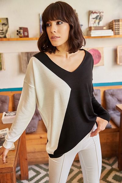 Olalook Schwarzer, lässiger Strickpullover mit V-Ausschnitt für Damen KZK-19000065