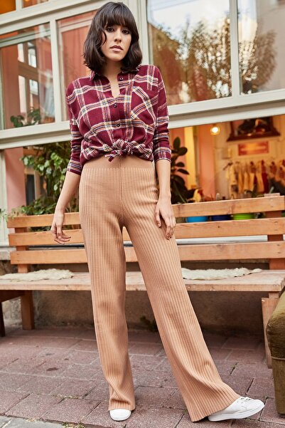 Olalook Dámské kalhoty ze silného úpletu Mléko Coffee PNT-19000055